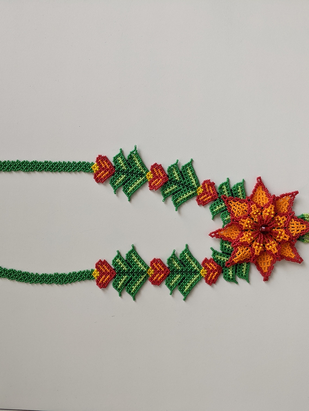 Handmade Green Beaded Necklace with Orange & Red Floral Pendant - Picture 4 of 4